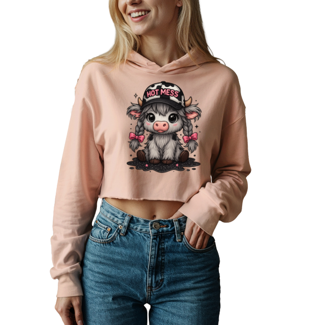 Women’s Crop Top Hoodie – Cute Cow Wearing ‘Hot Mess’ Cap | Funny Graphic Cow Hoodie