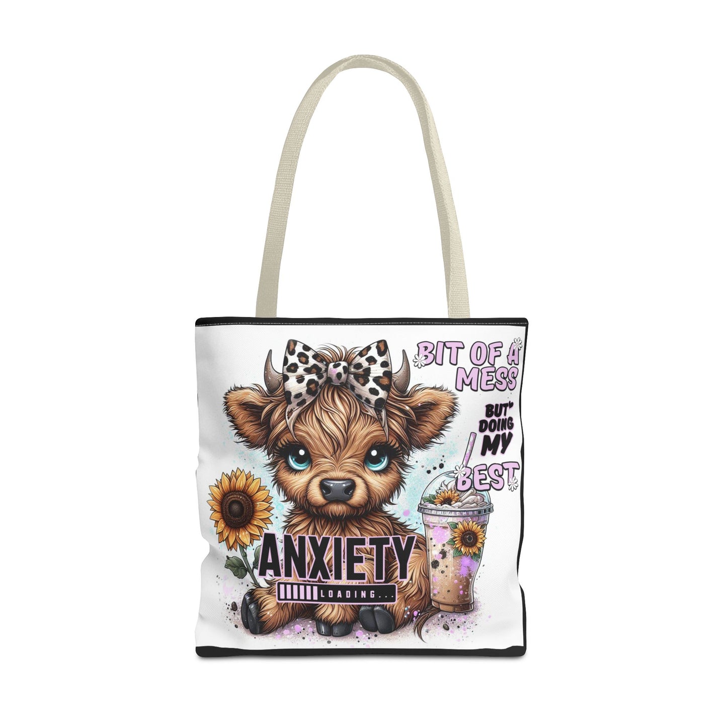 Adorable Cow Tote Bag – “Bit of a Mess but Doing My Best” with Sunflower & Iced Coffee