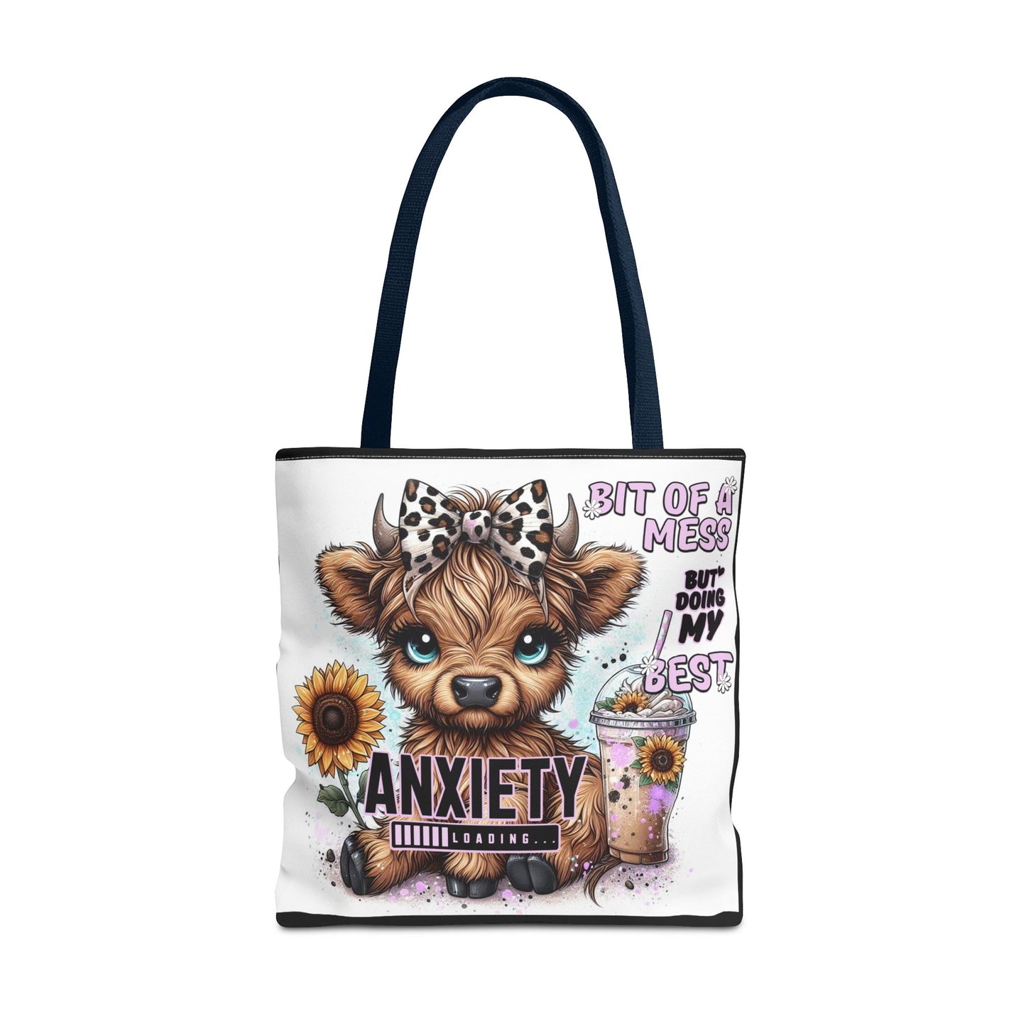 Adorable Cow Tote Bag – “Bit of a Mess but Doing My Best” with Sunflower & Iced Coffee