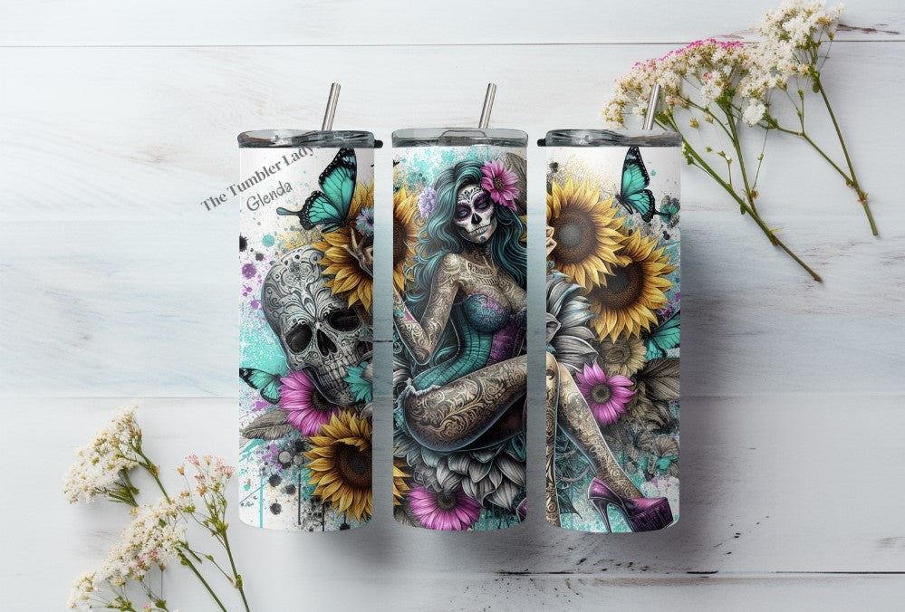 20oz Vibrant Floral Inked Sugar Skull Girl
