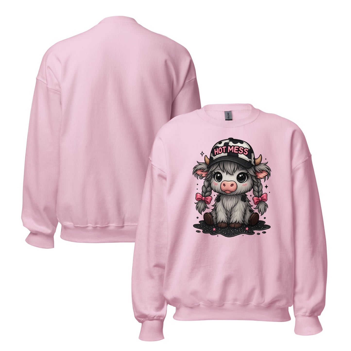 Adorable Cow “Hot Mess” Gildan Unisex Crew Neck Sweatshirt – Funny Cute Farm Animal Graphic Pullover