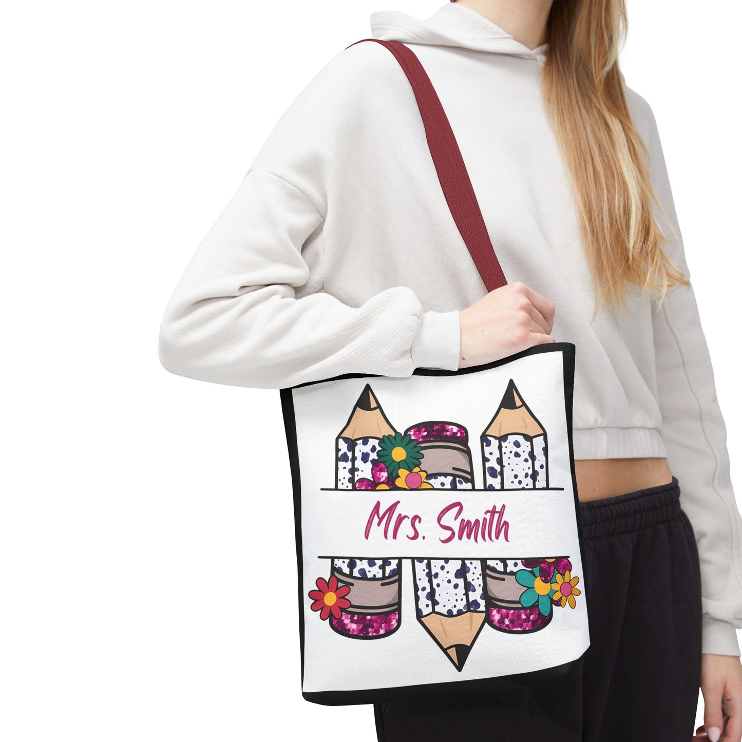 Personalized Teacher Tote Bag, Custom Tote for Teachers, Floral Pencil Design, Back to School Gift, Eco-friendly Bag, Mrs. Smith Bag