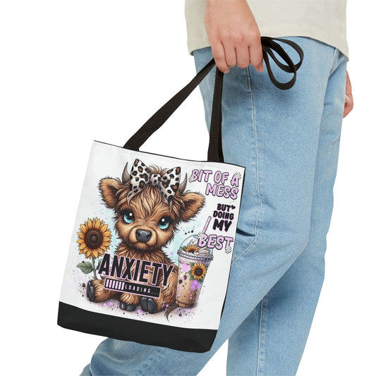 Adorable Cow Tote Bag – “Bit of a Mess but Doing My Best” with Sunflower & Iced Coffee