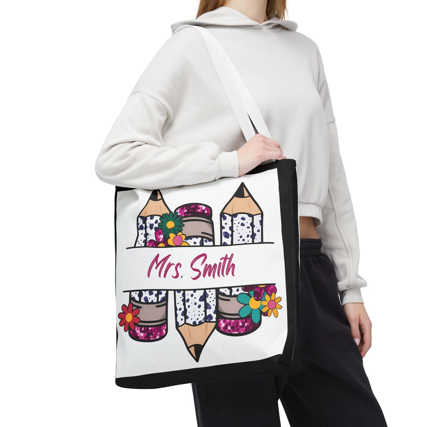 Personalized Teacher Tote Bag, Custom Tote for Teachers, Floral Pencil Design, Back to School Gift, Eco-friendly Bag, Mrs. Smith Bag