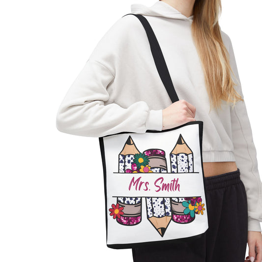 Personalized Teacher Tote Bag, Custom Tote for Teachers, Floral Pencil Design, Back to School Gift, Eco-friendly Bag, Mrs. Smith Bag