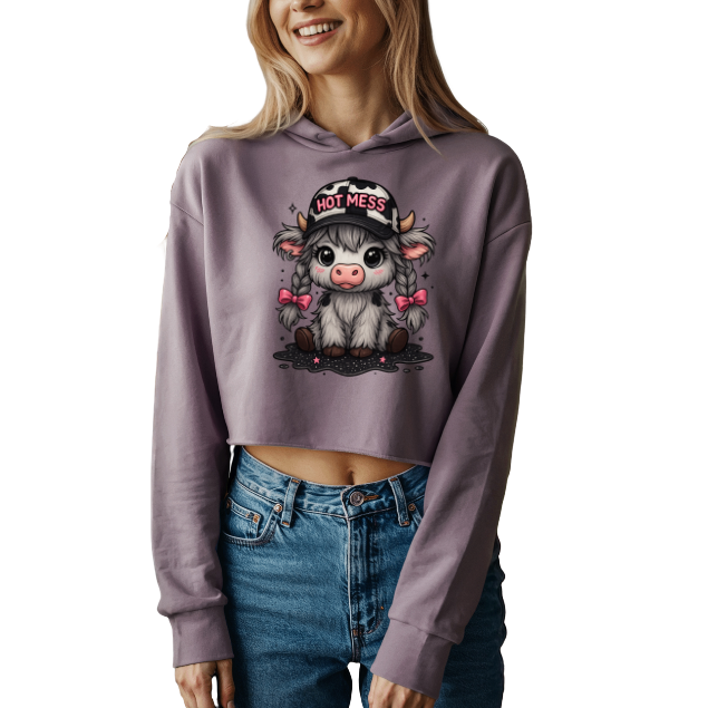 Women’s Crop Top Hoodie – Cute Cow Wearing ‘Hot Mess’ Cap | Funny Graphic Cow Hoodie