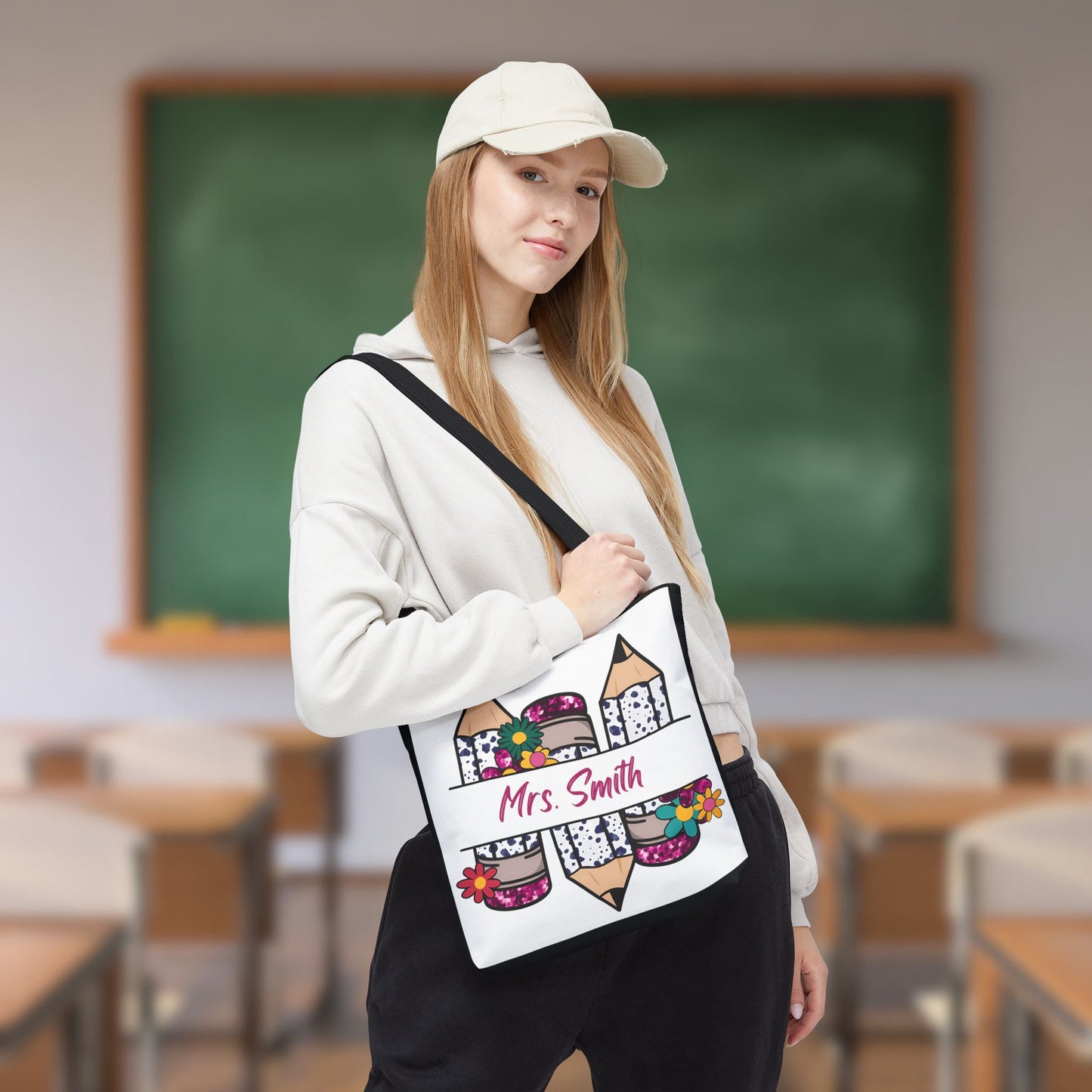 Personalized Teacher Tote Bag, Custom Tote for Teachers, Floral Pencil Design, Back to School Gift, Eco-friendly Bag, Mrs. Smith Bag