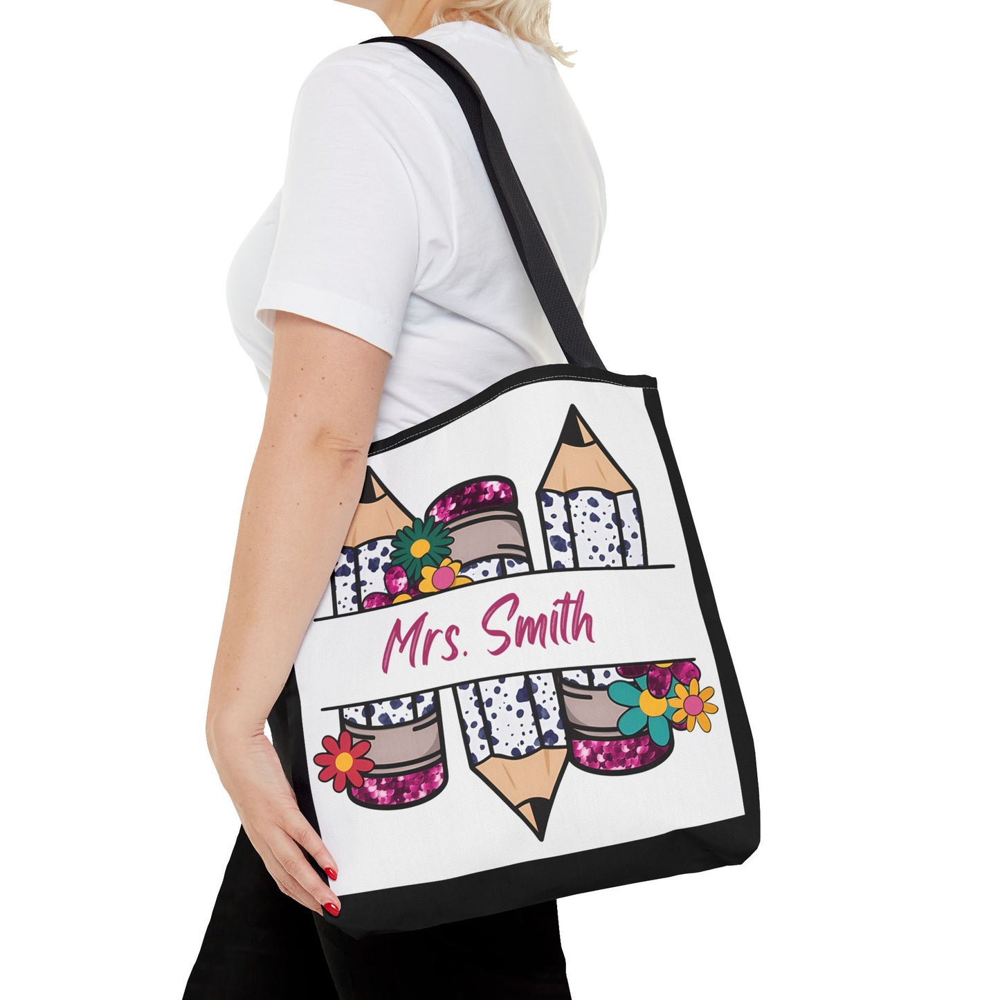 Personalized Teacher Tote Bag, Custom Tote for Teachers, Floral Pencil Design, Back to School Gift, Eco-friendly Bag, Mrs. Smith Bag