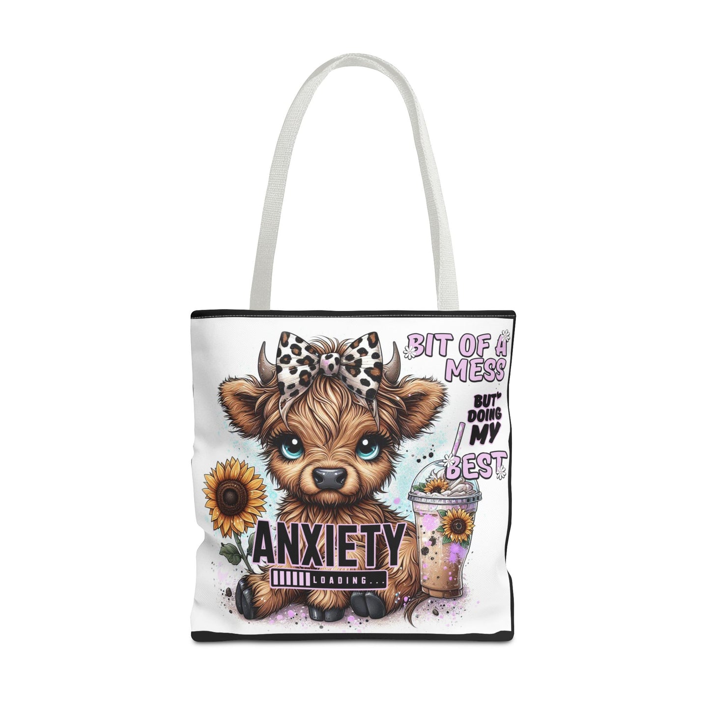Adorable Cow Tote Bag – “Bit of a Mess but Doing My Best” with Sunflower & Iced Coffee