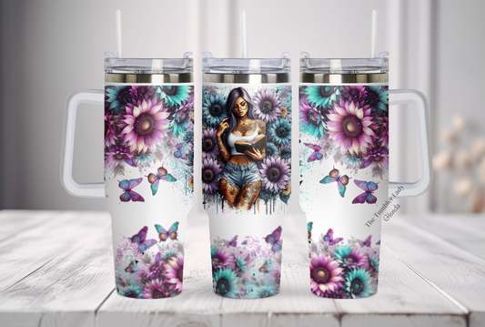 40oz Girl Reading Book Floral Tumbler
