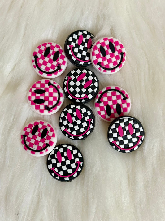 Pink/Black Checkered Smiley Focal Bead