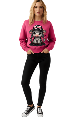 Adorable Cow “Hot Mess” Gildan Unisex Crew Neck Sweatshirt – Funny Cute Farm Animal Graphic Pullover