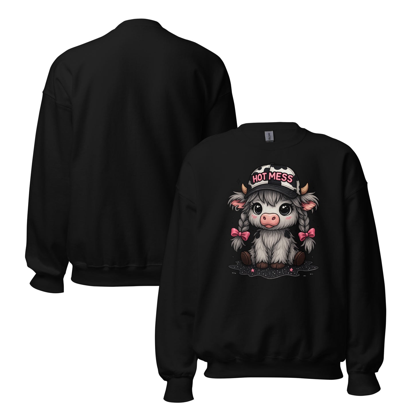 Adorable Cow “Hot Mess” Gildan Unisex Crew Neck Sweatshirt – Funny Cute Farm Animal Graphic Pullover