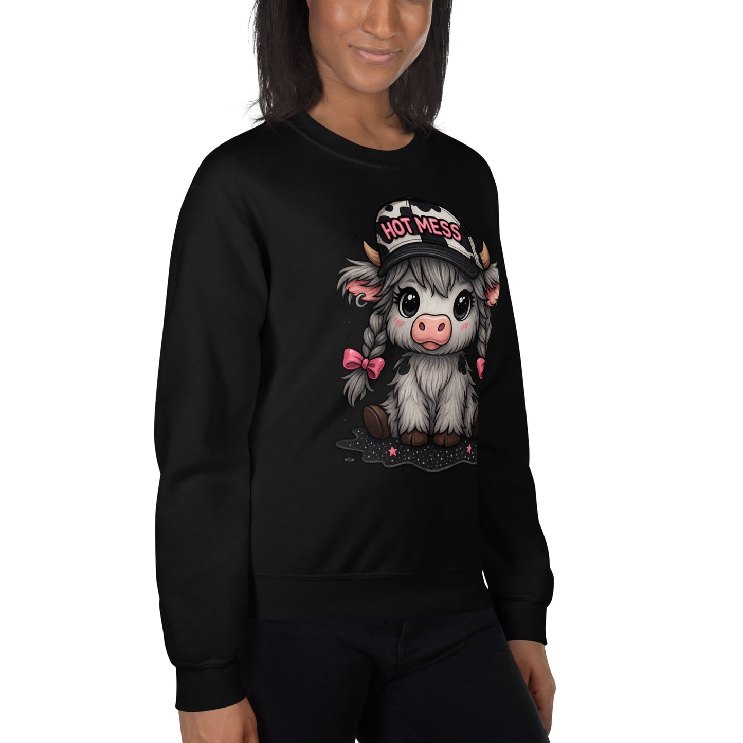Adorable Cow “Hot Mess” Gildan Unisex Crew Neck Sweatshirt – Funny Cute Farm Animal Graphic Pullover