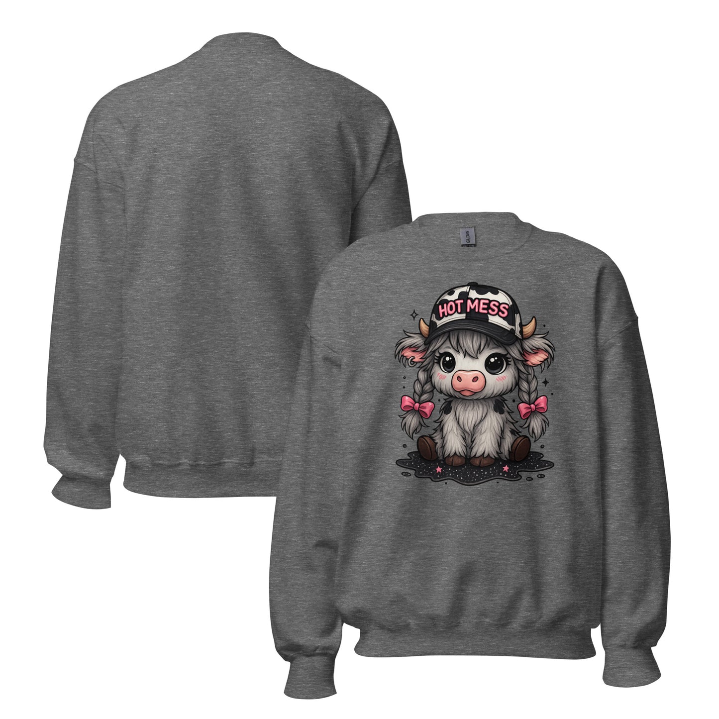 Adorable Cow “Hot Mess” Gildan Unisex Crew Neck Sweatshirt – Funny Cute Farm Animal Graphic Pullover