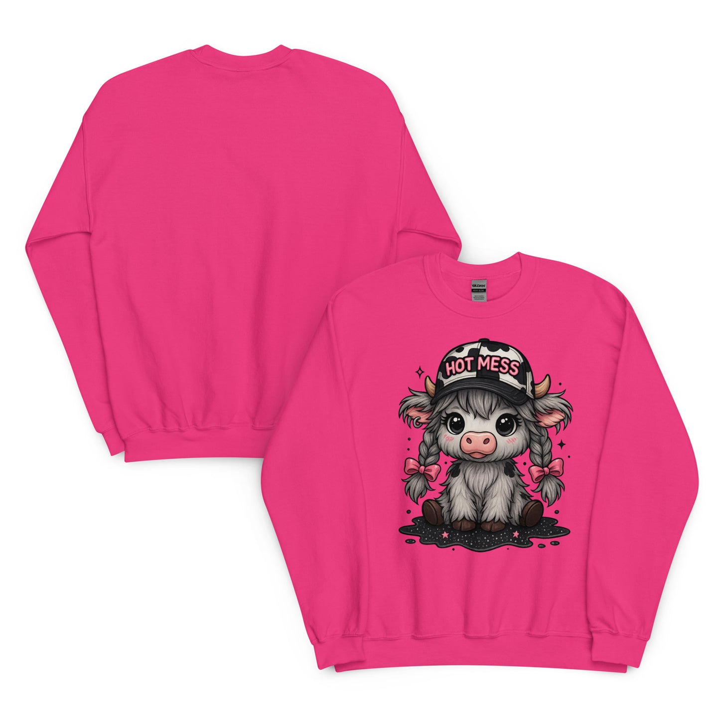 Adorable Cow “Hot Mess” Gildan Unisex Crew Neck Sweatshirt – Funny Cute Farm Animal Graphic Pullover